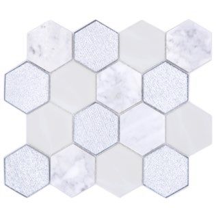 Royal 1659 Fehér márvány fehér opálos és ezüst kristály hexagon mozaik