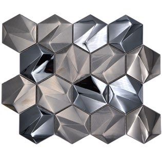 Royal 3071 3D fényes és matt platina és ezüst színű hexagon változó felületű szemcsékkel rozsdamentes acél mozaik (közepes szemcséjű)