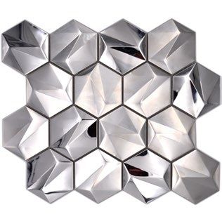 Royal 3069 3D egyszínű fényes ezüst hexagon változó felületű szemcsékkel rozsdamentes acél mozaik (közepes szemcséjű)