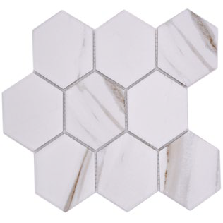 Royal 1203 Fehér márványhatású szürke-arany (bézs) erezettel hexagon mozaik (nagy szemcséjű)