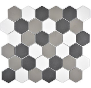 Royal 1389 Fehér-közép szürke-sötét szürke matt R10 csúszásmentes hexagon mozaik (közepes szemcséjű)