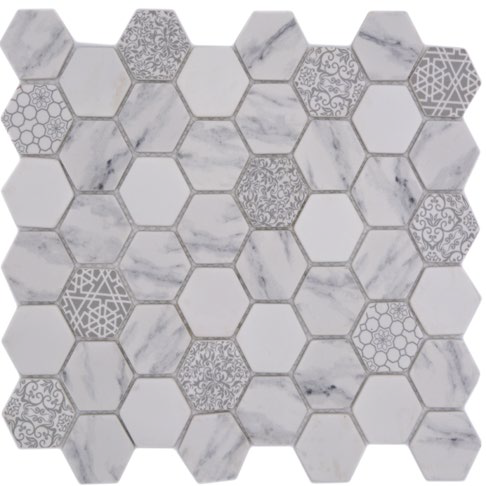 Royal 1475 Szürke mintás fehér és márványos hexagon dekormozaik