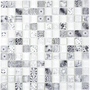 Royal 2303 Fekete-fehér különböző mintás digital design fehér sima és opálos kristály berakással mozaik