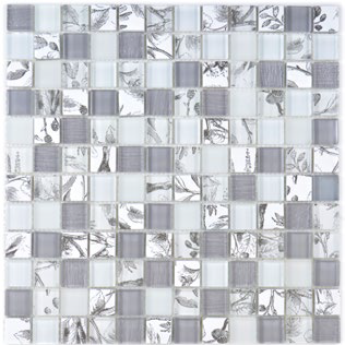 Royal 2307 Szürke-fehér levélmintás digital design fehér sima és opálos kristály sima és texturált felületű szürke berakással mozaik