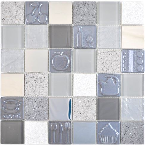Royal 2195 Szürke-fehér kő 3D dekor sima és rusztikus kristályszemekkel ezüst berakással mozaik