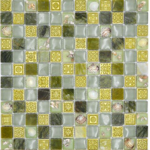 Royal 2262 Zöld márvány arany nyomott mintás szürkés-zöld rusztikus egyszínű és kagyló berakásos mozaik