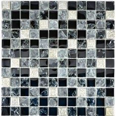 Royal 2497 Fekete fényes sima kristály roppantott fényes és opálos ezüstös nyomott mintás berakással mozaik